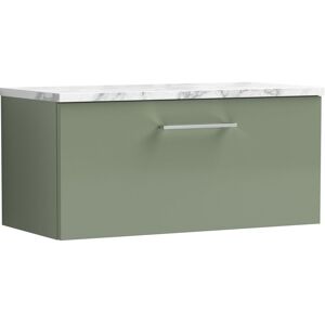 Nuie Arno Wall Hung 1-Drawer Vanity Unit with Carrera Marble Worktop 800mm Wide - Satin Green Nuie Arno Wall Hung 1-Drawer Vanity Unit with Carrera Marble Worktop 800mm Wide - Satin Green