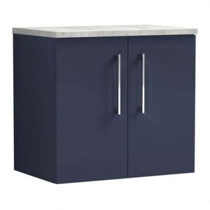 Nuie Arno Wall Hung 2-Door Vanity Unit with Bellato Grey Worktop 600mm Wide - Midnight Blue Nuie Arno Wall Hung 2-Door Vanity Unit with Bellato Grey Worktop 600mm Wide - Midnight Blue