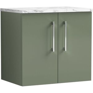 Arno Wall Hung 2-Door Vanity Unit with Carrera Marble Worktop 600mm Wide - Satin Green - Nuie Arno Wall Hung 2-Door Vanity Unit with Carrera Marble Worktop 600mm Wide - Satin Green - Nuie
