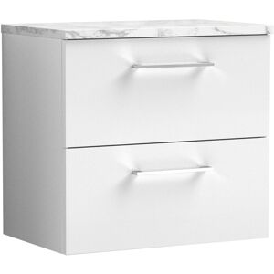 Arno Wall Hung 2-Drawer Vanity Unit with Carrera Marble Worktop 600mm Wide - Gloss White - Nuie Arno Wall Hung 2-Drawer Vanity Unit with Carrera Marble Worktop 600mm Wide - Gloss White - Nuie