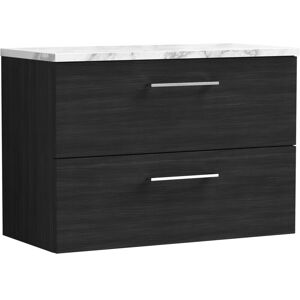 Nuie - Arno Wall Hung 2-Drawer Vanity Unit with Carrera Marble Worktop 800mm Wide - Charcoal Black Woodgrain Nuie - Arno Wall Hung 2-Drawer Vanity Unit with Carrera Marble Worktop 800mm Wide - Charcoal Black Woodgrain