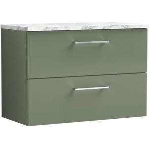 Nuie - Arno Wall Hung 2-Drawer Vanity Unit with Carrera Marble Worktop 800mm Wide - Satin Green Nuie - Arno Wall Hung 2-Drawer Vanity Unit with Carrera Marble Worktop 800mm Wide - Satin Green