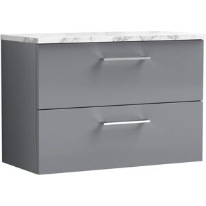 Nuie - Arno Wall Hung 2-Drawer Vanity Unit with Carrera Marble Worktop 800mm Wide - Satin Grey Nuie - Arno Wall Hung 2-Drawer Vanity Unit with Carrera Marble Worktop 800mm Wide - Satin Grey