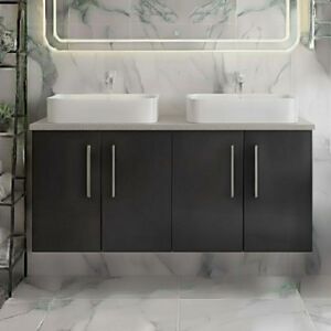 Nuie - Arno Wall Hung 4-Door Vanity Unit with Bellato Grey Worktop 1200mm Wide - Satin Anthracite Nuie - Arno Wall Hung 4-Door Vanity Unit with Bellato Grey Worktop 1200mm Wide - Satin Anthracite