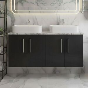 Nuie - Arno Wall Hung 4-Door Vanity Unit with Carrera Marble Worktop 1200mm Wide - Satin Anthracite Nuie - Arno Wall Hung 4-Door Vanity Unit with Carrera Marble Worktop 1200mm Wide - Satin Anthracite