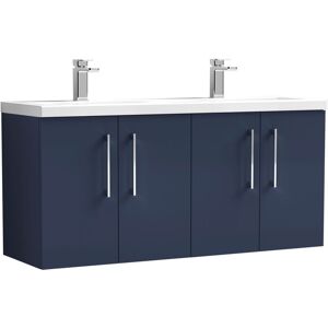 Nuie - Arno Satin Midnight Blue 1200mm Wall Hung 4 Door Vanity Unit with Double Ceramic Basins - ARN2923F Nuie - Arno Satin Midnight Blue 1200mm Wall Hung 4 Door Vanity Unit with Double Ceramic Basins - ARN2923F
