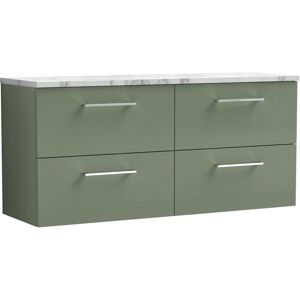 Nuie - Arno Wall Hung 4-Drawer Vanity Unit with Carrera Marble Worktop 1200mm Wide - Satin Green Nuie - Arno Wall Hung 4-Drawer Vanity Unit with Carrera Marble Worktop 1200mm Wide - Satin Green