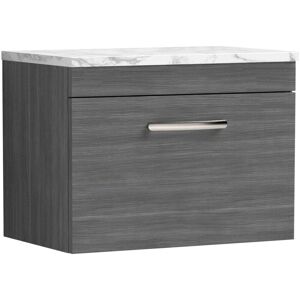 Nuie Athena Wall Hung 1-Drawer Vanity Unit with Carrera Marble Worktop 600mm Wide - Anthracite Woodgrain Nuie Athena Wall Hung 1-Drawer Vanity Unit with Carrera Marble Worktop 600mm Wide - Anthracite Woodgrain