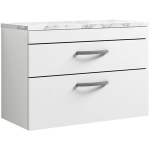 Nuie - Athena Wall Hung 2-Drawer Vanity Unit with Carrera Marble Worktop 800mm Wide - Gloss White Nuie - Athena Wall Hung 2-Drawer Vanity Unit with Carrera Marble Worktop 800mm Wide - Gloss White