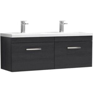 VASARI Nuie Athena Charcoal Black Woodgrain 1200mm Wall Hung 2 Drawer Vanity Unit and Double Ceramic Basins - ATH040F VASARI Nuie Athena Charcoal Black Woodgrain 1200mm Wall Hung 2 Drawer Vanity Unit and Double Ceramic Basins - ATH040F