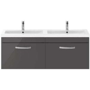Nuie - Athena Gloss Grey 1200mm Wall Hung 2 Drawer Vanity Unit and Double Ceramic Basins - ATH077F Nuie - Athena Gloss Grey 1200mm Wall Hung 2 Drawer Vanity Unit and Double Ceramic Basins - ATH077F