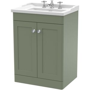 Nuie - Classique Floor Standing 2-Door Vanity Unit with Traditional Basin 600mm Wide Satin Green - 3 Tap Hole Nuie - Classique Floor Standing 2-Door Vanity Unit with Traditional Basin 600mm Wide Satin Green - 3 Tap Hole