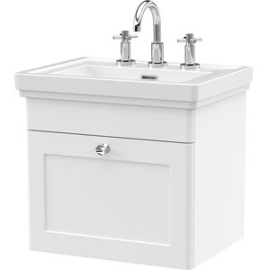 Nuie - Classique Wall Hung 1-Drawer Vanity Unit with Basin 500mm Wide Satin White - 3 Tap Hole Nuie - Classique Wall Hung 1-Drawer Vanity Unit with Basin 500mm Wide Satin White - 3 Tap Hole