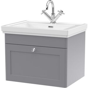 Nuie - Classique Wall Hung 1-Drawer Vanity Unit with Basin 600mm Wide Satin Grey - 1 Tap Hole Nuie - Classique Wall Hung 1-Drawer Vanity Unit with Basin 600mm Wide Satin Grey - 1 Tap Hole