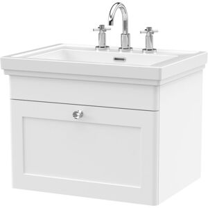Nuie - Classique Wall Hung 1-Drawer Vanity Unit with Basin 600mm Wide Satin White - 3 Tap Hole Nuie - Classique Wall Hung 1-Drawer Vanity Unit with Basin 600mm Wide Satin White - 3 Tap Hole