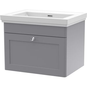 Nuie - Classique Wall Hung 1-Drawer Vanity Unit with Classic Basin 600mm Wide Satin Grey - 0 Tap Hole Nuie - Classique Wall Hung 1-Drawer Vanity Unit with Classic Basin 600mm Wide Satin Grey - 0 Tap Hole