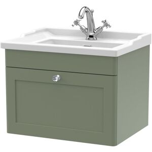 Nuie - Classique Wall Hung 1-Drawer Vanity Unit with Traditional Basin 600mm Wide Satin Green - 1 Tap Hole Nuie - Classique Wall Hung 1-Drawer Vanity Unit with Traditional Basin 600mm Wide Satin Green - 1 Tap Hole