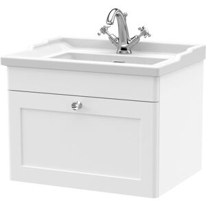 Nuie - Classique Wall Hung 1-Drawer Vanity Unit with Traditional Basin 600mm Wide Satin White - 1 Tap Hole Nuie - Classique Wall Hung 1-Drawer Vanity Unit with Traditional Basin 600mm Wide Satin White - 1 Tap Hole