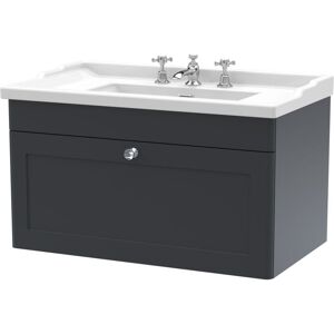 Nuie - Classique Wall Hung 1-Drawer Vanity Unit with Traditional Basin 800mm Wide Satin Anthracite - 3 Tap Hole Nuie - Classique Wall Hung 1-Drawer Vanity Unit with Traditional Basin 800mm Wide Satin Anthracite - 3 Tap Hole