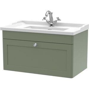 Nuie Classique Wall Hung 1-Drawer Vanity Unit with Traditional Basin 800mm Wide Satin Green - 1 Tap Hole Nuie Classique Wall Hung 1-Drawer Vanity Unit with Traditional Basin 800mm Wide Satin Green - 1 Tap Hole