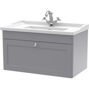 Nuie - Classique Wall Hung 1-Drawer Vanity Unit with Traditional Basin 800mm Wide Satin Grey - 1 Tap Hole Nuie - Classique Wall Hung 1-Drawer Vanity Unit with Traditional Basin 800mm Wide Satin Grey - 1 Tap Hole