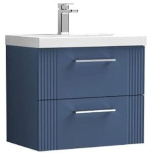 Nuie Deco Satin Blue 600mm Wall Hung 2 Drawer Vanity Unit and Thin Edge Ceramic Basin - DPF393D Nuie Deco Satin Blue 600mm Wall Hung 2 Drawer Vanity Unit and Thin Edge Ceramic Basin - DPF393D
