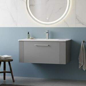 Nuie - Deco Wall Hung 1-Drawer Vanity Unit with Basin-2 800mm Wide - Satin Grey Nuie - Deco Wall Hung 1-Drawer Vanity Unit with Basin-2 800mm Wide - Satin Grey