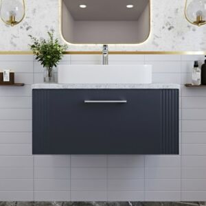Nuie - Deco Satin Soft Black 800mm Wall Hung Single Drawer Vanity Unit with White Sparkle Worktop - DPF1496LSW Nuie - Deco Satin Soft Black 800mm Wall Hung Single Drawer Vanity Unit with White Sparkle Worktop - DPF1496LSW