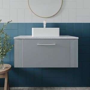 Nuie - Deco Satin Grey 800mm Wall Hung Single Drawer Vanity Unit with White Sparkle Worktop - DPF296LSW Nuie - Deco Satin Grey 800mm Wall Hung Single Drawer Vanity Unit with White Sparkle Worktop - DPF296LSW