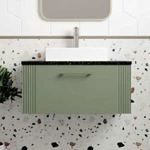 Deco Wall Hung 1-Drawer Vanity Unit with Sparkling Black Worktop 800mm Wide - Satin Green - Nuie Deco Wall Hung 1-Drawer Vanity Unit with Sparkling Black Worktop 800mm Wide - Satin Green - Nuie