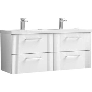 Nuie Deco Satin White 1200mm Wall Hung 4 Drawer Vanity Unit and Double Polymarble Basins - DPF193C Nuie Deco Satin White 1200mm Wall Hung 4 Drawer Vanity Unit and Double Polymarble Basins - DPF193C