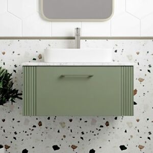 Deco Wall Hung 1-Drawer Vanity Unit with Carrera Marble Worktop 800mm Wide - Satin Green - Nuie Deco Wall Hung 1-Drawer Vanity Unit with Carrera Marble Worktop 800mm Wide - Satin Green - Nuie