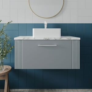 Deco Wall Hung 1-Drawer Vanity Unit with Carrera Marble Worktop 800mm Wide - Satin Grey - Nuie Deco Wall Hung 1-Drawer Vanity Unit with Carrera Marble Worktop 800mm Wide - Satin Grey - Nuie