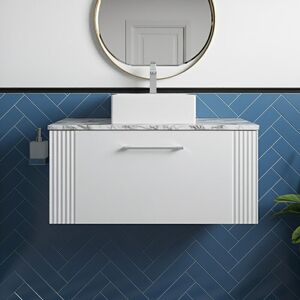 Deco Wall Hung 1-Drawer Vanity Unit with Carrera Marble Worktop 800mm Wide - Satin White - Nuie Deco Wall Hung 1-Drawer Vanity Unit with Carrera Marble Worktop 800mm Wide - Satin White - Nuie