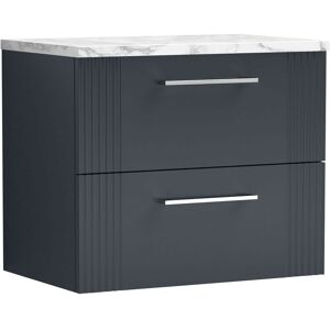 Nuie - Deco Wall Hung 2-Drawer Vanity Unit with Carrera Marble Worktop 600mm Wide - Satin Anthracite Nuie - Deco Wall Hung 2-Drawer Vanity Unit with Carrera Marble Worktop 600mm Wide - Satin Anthracite
