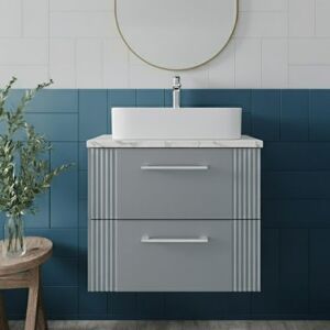 Nuie - Deco Wall Hung 2-Drawer Vanity Unit with Carrera Marble Worktop 600mm Wide - Satin Grey Nuie - Deco Wall Hung 2-Drawer Vanity Unit with Carrera Marble Worktop 600mm Wide - Satin Grey