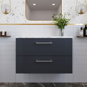 Nuie - Deco Wall Hung 2-Drawer Vanity Unit with Carrera Marble Worktop 800mm Wide - Satin Anthracite Nuie - Deco Wall Hung 2-Drawer Vanity Unit with Carrera Marble Worktop 800mm Wide - Satin Anthracite