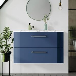 Nuie - Deco Wall Hung 2-Drawer Vanity Unit with Carrera Marble Worktop 800mm Wide - Satin Blue Nuie - Deco Wall Hung 2-Drawer Vanity Unit with Carrera Marble Worktop 800mm Wide - Satin Blue