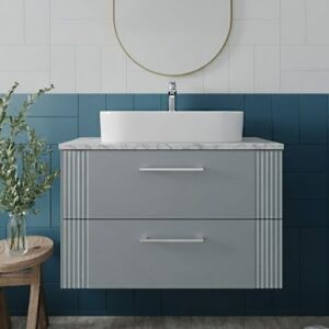 Nuie - Deco Wall Hung 2-Drawer Vanity Unit with Carrera Marble Worktop 800mm Wide - Satin Grey Nuie - Deco Wall Hung 2-Drawer Vanity Unit with Carrera Marble Worktop 800mm Wide - Satin Grey