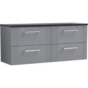 Nuie Deco Satin Grey 1200mm Wall Hung 4 Drawer Vanity Unit with Black Sparkle Worktop - DPF293LSB2 Nuie Deco Satin Grey 1200mm Wall Hung 4 Drawer Vanity Unit with Black Sparkle Worktop - DPF293LSB2