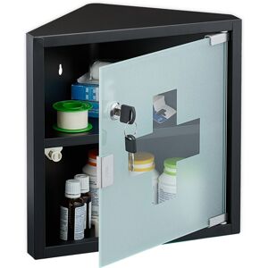 Corner Medicine Cabinet, with 1 Shelf, 30x30x17.5 cm, Lockable, First Aid Cupboard, Steel, Glass Door, Black - Relaxdays Corner Medicine Cabinet, with 1 Shelf, 30x30x17.5 cm, Lockable, First Aid Cupboard, Steel, Glass Door, Black - Relaxdays