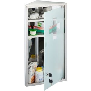 Medicine Cabinet, 3 Shelves, 56 x 30 x 18 cm, Corner First Aid Cupboard, Stainless Steel, Glass Door, Silver - Relaxdays Medicine Cabinet, 3 Shelves, 56 x 30 x 18 cm, Corner First Aid Cupboard, Stainless Steel, Glass Door, Silver - Relaxdays