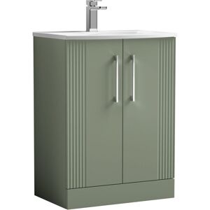 BALTERLEY Retro 2 Door Floor Standing Vanity Unit with Curved 1 Tap Hole Ceramic Basin - 600mm - Satin Green - Baltereley BALTERLEY Retro 2 Door Floor Standing Vanity Unit with Curved 1 Tap Hole Ceramic Basin - 600mm - Satin Green - Baltereley