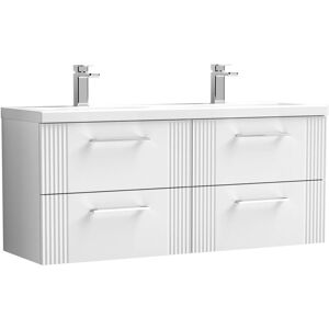 BALTERLEY Partial Fluted 4 Drawer Wall Hung Vanity Unit with Double Ceramic Basin - 1200mm - Satin White BALTERLEY Partial Fluted 4 Drawer Wall Hung Vanity Unit with Double Ceramic Basin - 1200mm - Satin White