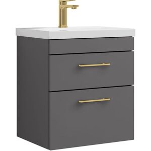 Balterley - Rio 2 Drawer Wall Hung Vanity Basin Unit - 500mm - Gloss Grey with Brushed Brass d Handles (Tap Not Included) Balterley - Rio 2 Drawer Wall Hung Vanity Basin Unit - 500mm - Gloss Grey with Brushed Brass d Handles (Tap Not Included)