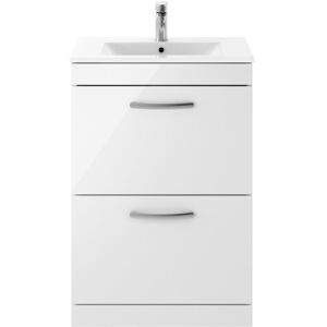 Nuie - Athena Floor Standing 2-Drawer Vanity Unit with Basin-2 600mm Wide - Gloss White Nuie - Athena Floor Standing 2-Drawer Vanity Unit with Basin-2 600mm Wide - Gloss White