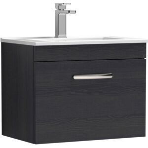 VASARI Nuie Athena Charcoal Black Woodgrain 600mm Wall Hung Single Drawer Vanity Unit and Minimalist Ceramic Basin - ATH040B VASARI Nuie Athena Charcoal Black Woodgrain 600mm Wall Hung Single Drawer Vanity Unit and Minimalist Ceramic Basin - ATH040B