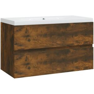 vidaXL Sink Cabinet with Built-in Basin Smoked Oak Engineered Wood - Sink Cabinet vidaXL Sink Cabinet with Built-in Basin Smoked Oak Engineered Wood - Sink Cabinet