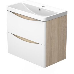 AICA SANITAIRE Wall Hung Bathroom Cabinet Vanity Sink Unit with Basin, 2 Drawers Flat Pack - 600mm Oak Body Matt White Drawer AICA SANITAIRE Wall Hung Bathroom Cabinet Vanity Sink Unit with Basin, 2 Drawers Flat Pack - 600mm Oak Body Matt White Drawer