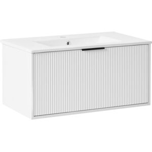 BELIANI Wall Mounted Vanity Unit with Basin with Black Handle TILCARA 80 cm White BELIANI Wall Mounted Vanity Unit with Basin with Black Handle TILCARA 80 cm White